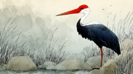 Naklejka premium A beautiful crane standing in a natural water environment