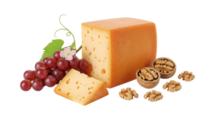 Artistic cheese block stilllife arrangement with grapes and walnuts isolated on transparent background
