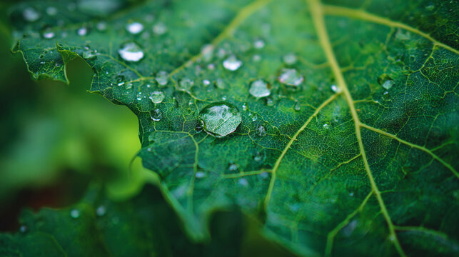 A close-up view of a green leaf with water droplets. Capturing the intricate details of nature