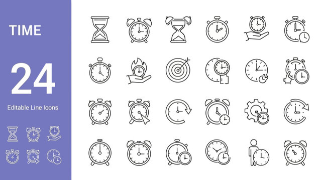 Collection of 24 Outline Icons related to Time Management and Punctuality for Design