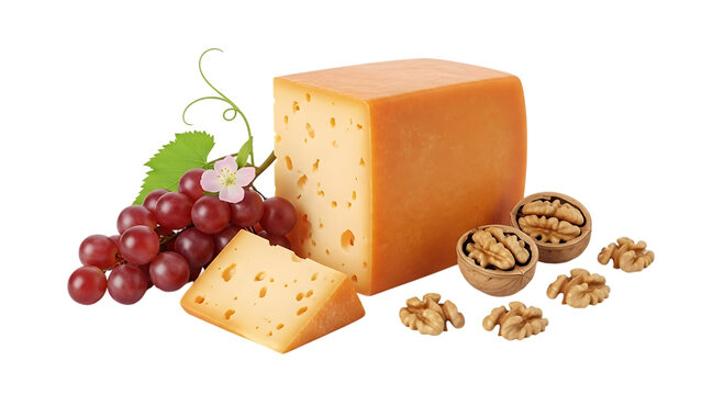 Artistic cheese block stilllife arrangement with grapes and walnuts isolated on transparent background