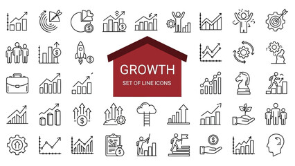 A comprehensive vector line icon set depicting business growth, financial success, market analytics, strategic planning, and economic development for modern digital and print design projects