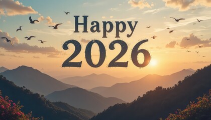 Happy new year two thousand twenty six over mountain range with birds flying at sunset landscape view