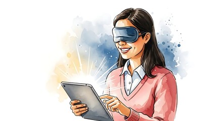 Relaxed woman uses tablet while wearing sleep mask, finding calm and innovation through mindful technology for stress relief and wellness retreats