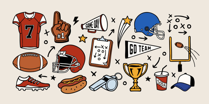 Hand-drawn American football vector illustration set with equipment, play icons, trophies, fan items, and doodle elements. Perfect for sports graphics, and game day designs.	