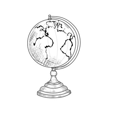 hand drawn world globe earth map geography travel line art vector ilustration