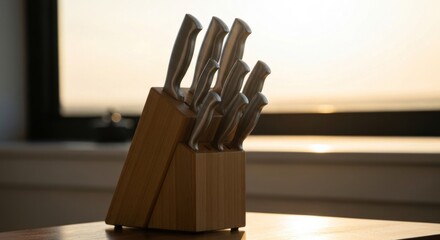 A wooden knife block filled with stainless steel knives sits on a table near a window, bathed in soft sunlight