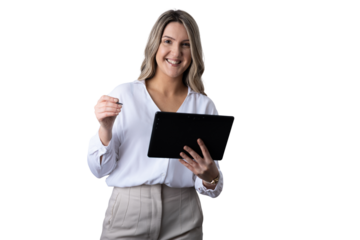 Happy businesswoman holding tablet and stylus, smiling