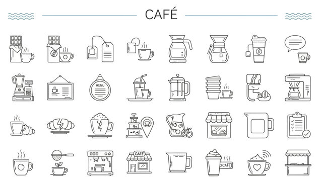 A delightful collection of cafe and coffee shop icons, featuring beverages, pastries, and essential equipment for a cozy ambiance