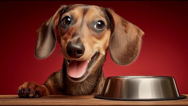 Happy dachshund dog with tongue out next to empty food bowl on wooden table against red background