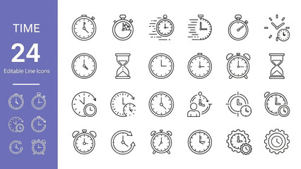 Modern outline vector icon set depicting diverse time concepts clocks, stopwatches, and hourglasses. Ideal for UI design, planning, and digital tracking applications
