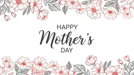 Happy Mother's Day greeting card with elegant floral borders in red and grey line art on a white background.