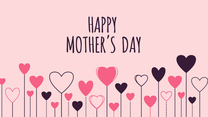 Happy Mother's Day greeting card with pink and dark hearts on stems against a light pink background, celebrating maternal love.
