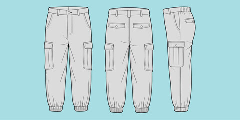 Cargo pants technical drawing, front back side view, fashion design, garment details, line art, flat vector illustration