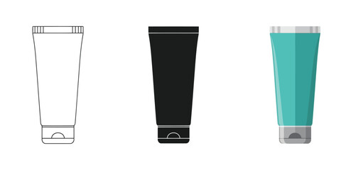 Cosmetic Squeeze Tubes In Three styles vector set line art, silhouette and color version
