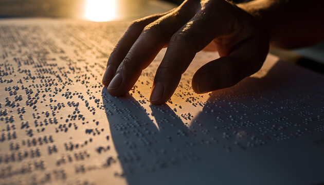 Closeup of a hand reading braille, illuminated by sunlight, promoting literacy for the blind and visually impaired, sensory exploration, education