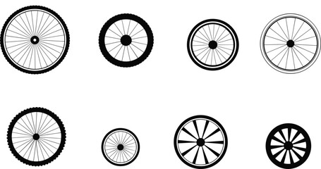 Bicycle wheel silhouette set, cycling icon collection, spoke design shapes, bike tire symbols, transport vector elements, graphic circular template, sports illustration package