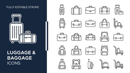 Comprehensive collection of minimalist outline vector icons depicting various types of travel luggage, suitcases, and baggage, ideal for modern graphic design, web applications, and mobile interfaces