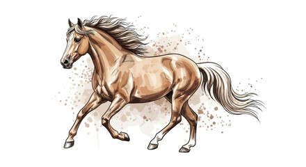 A beautiful palomino horse running with a flowing mane on a white background.