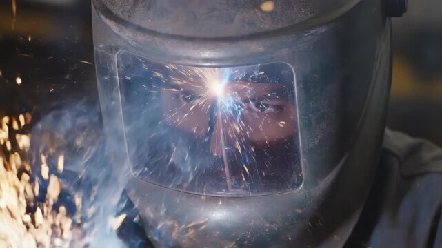 Extreme closeup of welding sparks through welders helmet visor. Intense metal fusion process in industrial workshop fabrication and repair.