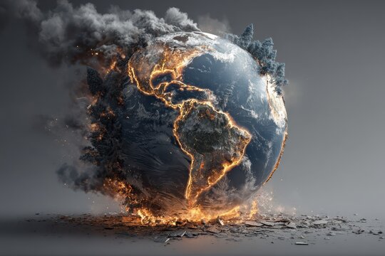 Planet Earth burning, cracked, and disintegrating into dust and smoke. Illustrates climate change, destruction, environmental disaster, and urgent action.