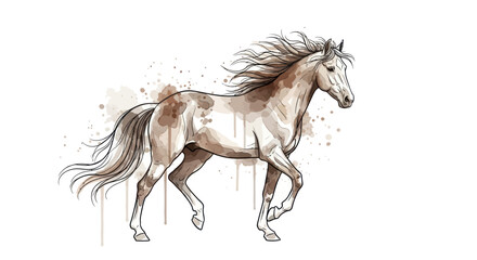 Dynamic watercolor illustration of a galloping horse with artistic splatter effects.