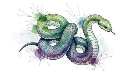 Obraz premium Vibrant watercolor snake illustration with colorful splashes on a white background.