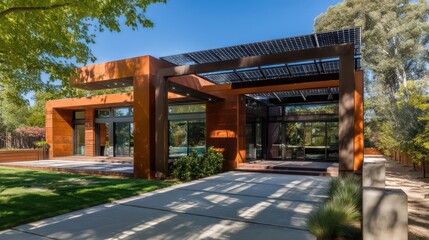 Rectangular home with corten steel detailing and solar canopy sharp sidelight casting structural shadows on front lawn reflective