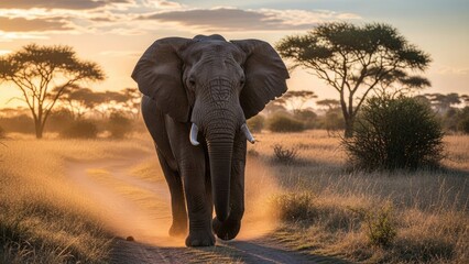 Obraz premium Majestic African elephant walking on a dusty savanna road during a beautiful golden sunset.