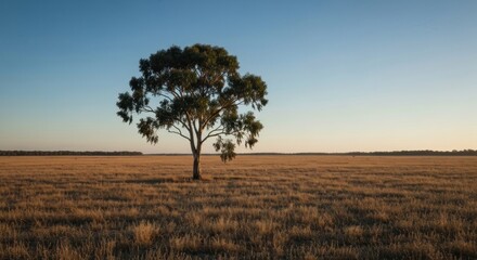 A lone tree stands in a vast, golden-brown field under a pale blue sky at sunset