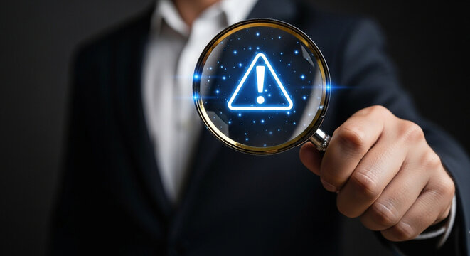 Businessman holds magnifying glass focusing on a glowing exclamation point symbolizing risk assessment security vulnerability detection and potential hazard identification in business and technology