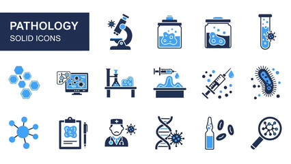 Pathology solid icons vector set for medical and scientific concepts
