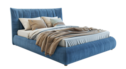 Comfortable blue bed with pillows and blanket  isolated on transparent background