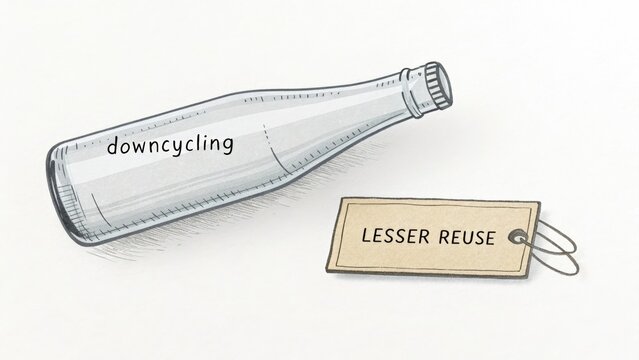 Glass bottle illustrating downcycling concept with lesser reuse label