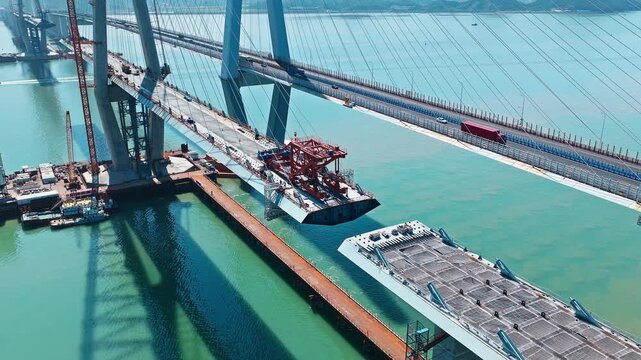 Aerial shot of a large cross sea bridge construction site with engineering machinery and parallel highway bridge over water