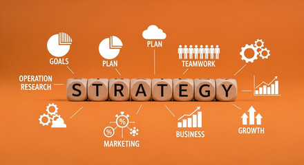 Strategy concept with wooden blocks icons representing goals plan teamwork operation research marketing business and growth on an orange background for business planning and success