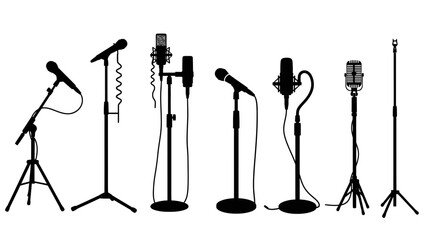 A vector illustration set of various microphone silhouettes on stands, perfect for music, broadcast, and studio recording concepts