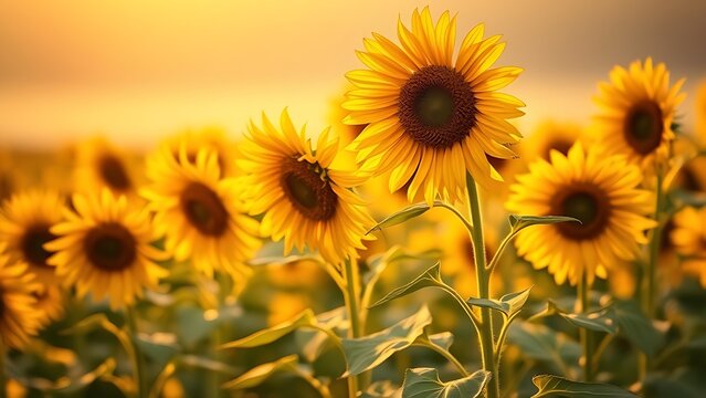 capitulate. Sunflowers swaying in a field during golden hour, nature scene. gardening catalogs, home-decor guides, designed for home decor and floral branding and gardening and botanical catalogs.