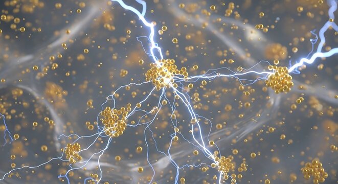 Artistic depiction of electron flow and energy transfer with lightning effect