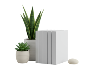 Five minimalist books, tall Sansevieria, small Echeveria, polished stone, meticulously arranged on seamless transparent background, brightly lit with no shadows, clean minimalist design concept