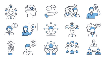 Collection of Line Icons Illustrating Business, Teamwork, and Communication Concepts
