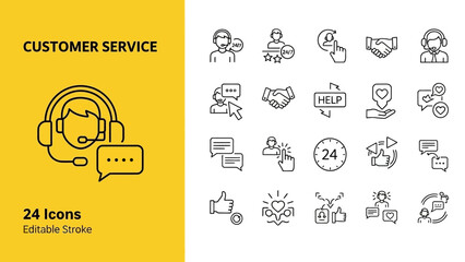 Customer Service Icons Set 24 Editable Stroke Icons for Communication, Support, and Feedback