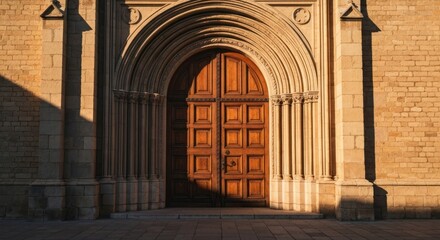 Ancient stone church facade with arched wooden door. Sunlight casts a shadow