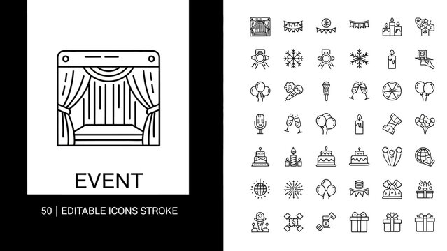 Celebration and party line icon set. Thin line vector symbols for events like birthdays and holidays. A collection of editable stroke illustrations for design