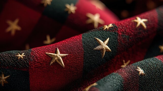 Red and green tartan fabric folds forming a textured surface enhanced with embroidered golden stars Subtle warm lighting