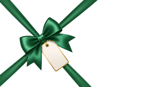 Shiny Green Satin Gift Ribbon and Bow with Blank Tag on Png Background for Christmas, Holiday, or Present Wrapping