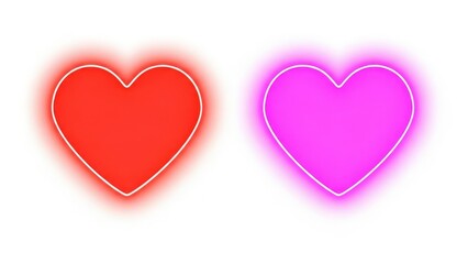 Two glowing neon hearts red and pink isolated on white background