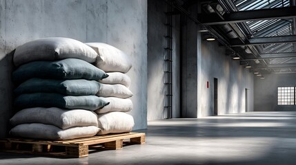 Obraz premium Spacious industrial warehouse interior featuring a tall stack of white flour sacks on a wooden pallet against clean corrugated metal walls.