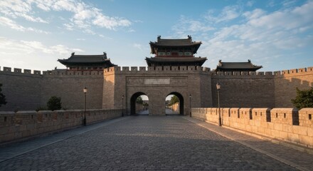 Ancient stone gate,  with arched passageway,  flanked by tall walls & towers, under a pale blue sky,  morning light