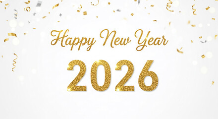 Happy New Year 2026 celebration with golden glitter text and confetti festive background for holiday greeting cards